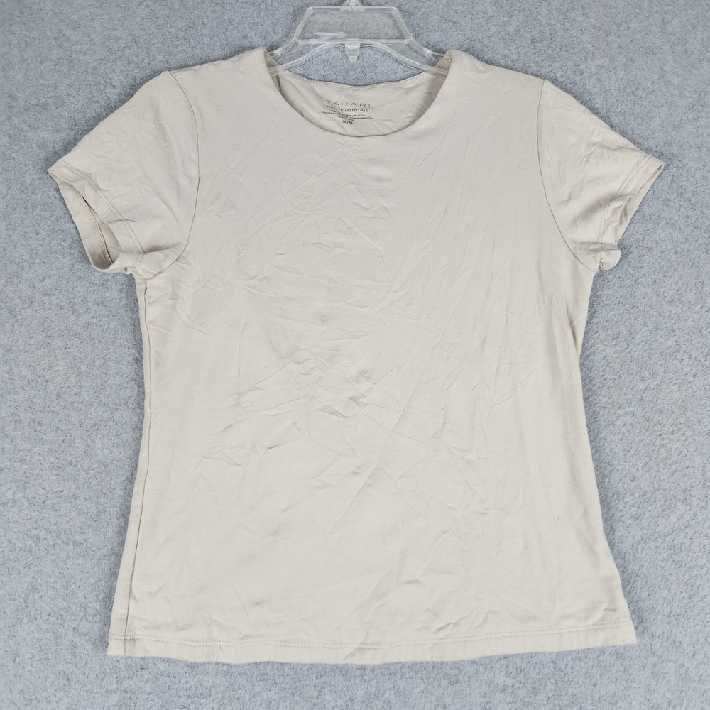 Tahari Modern Essentials T Shirt Womens Medium Beige Cotton Short Sleeve Stretch